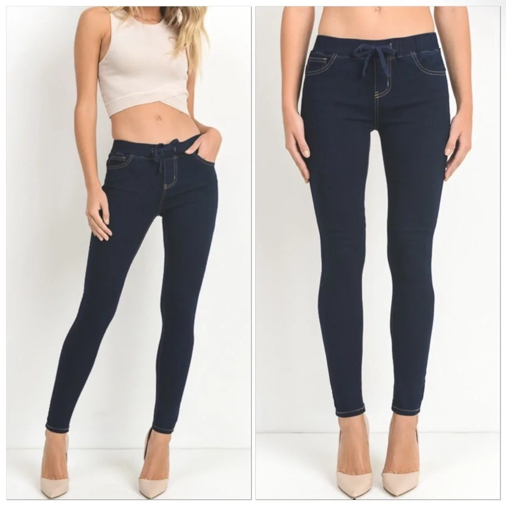 🆕DARK BLUE SOFT STRETCHY DENIM JOGGER LEGGINGS DRAWSTRING WAIST SMALL MED LARGE - Picture 1 of 2